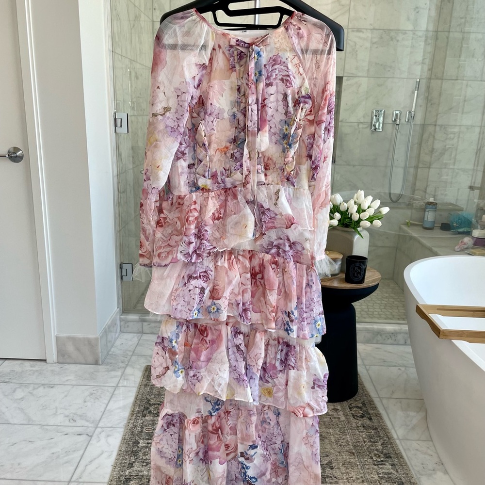 Gorgeous floral tiered maxi dress with ribbon detailing, Size M (4-6)